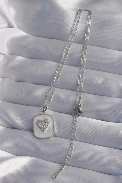 pilelistore 316L Çelik Zincir Mermer Desenli Gümüş Renk Zirkon Taşlı Kalp Model Kolye - TJ-BKO9014 - 2