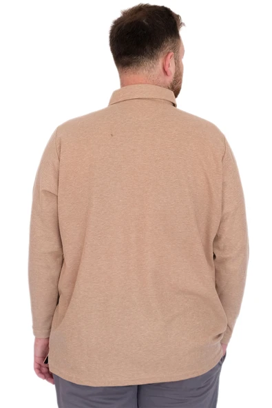 Mode XL Büyük Beden Erkek SweatshirtPolo Yaka Uzun Kol WAFFLE 23449 Bej - 4