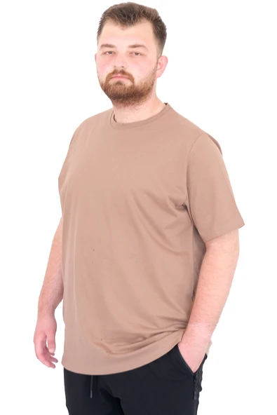 Mode XL Büyük Beden Erkek T-Shirt Bisiklet Yaka Basic U25162 Sütlü Kahve - Resim 4