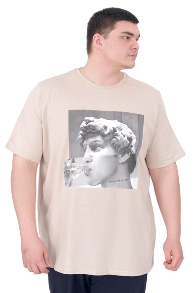 Mode XL Büyük Beden Erkek T-Shirt Bisiklet Yaka STATUE U25027 Bej ürün görseli 1