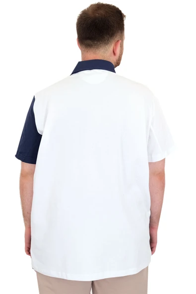 Mode XL Büyük Beden Erkek T-Shirt Polo Yaka Parçalı 25313 Beyaz - Resim 4