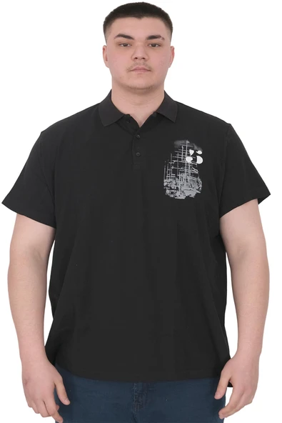 Mode XL Büyük Beden Erkek T-Shirt Polo Sail Boat U25302 Siyah ürün görseli 1