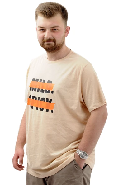 Mode XL Büyük Beden Erkek Tişört Baskılı Pamuklu Bisiklet Yaka MILD U24080 Bej ürün görseli