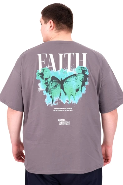 Mode XL Büyük Beden Erkek T-Shirt Bisiklet Yaka FAITH U25030 Füme - Resim 2