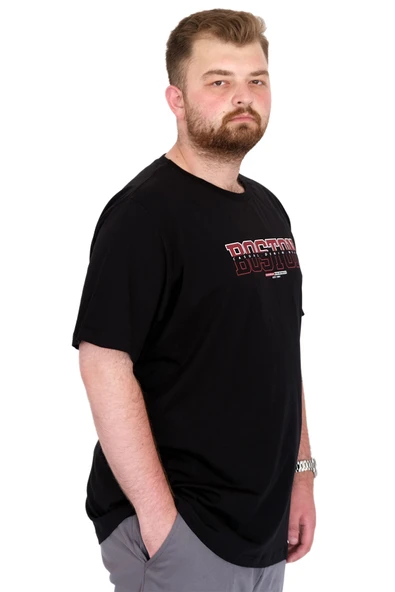 Mode XL Büyük Beden Erkek T-Shirt Bisiklet Yaka BOSTON U25037 Siyah - Resim 2