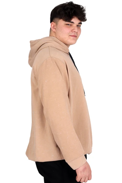 Mode XL Büyük Beden Erkek Kapüşonlu Sweatshirt Asit Yıkama Interlok U24167 Bej - Resim 2
