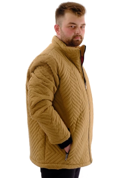 Mode XL Erkek Büyük Beden Dik Yaka Ribanalı Kol Fermuarlı Mont U24611 Kahverengi - Resim 3