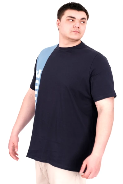 Mode XL Büyük Beden Erkek T-Shirt Parçalı U25501 Lacivert - Resim 2
