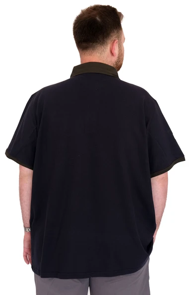 Mode XL Büyük Beden Erkek T-Shirt Polo Yaka H BROUDED U25312 Lacivert - Resim 4