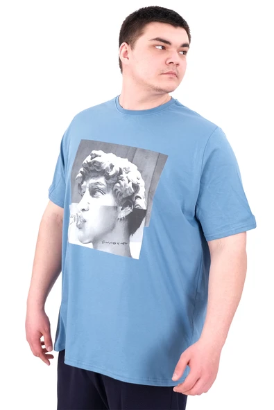 Mode XL Büyük Beden Erkek T-Shirt Bisiklet Yaka STATUE U25027 Mavi - Resim 4