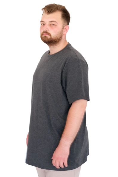 Mode XL Büyük Beden Erkek T-Shirt Bisiklet Yaka U25035 Antrasit - Resim 2