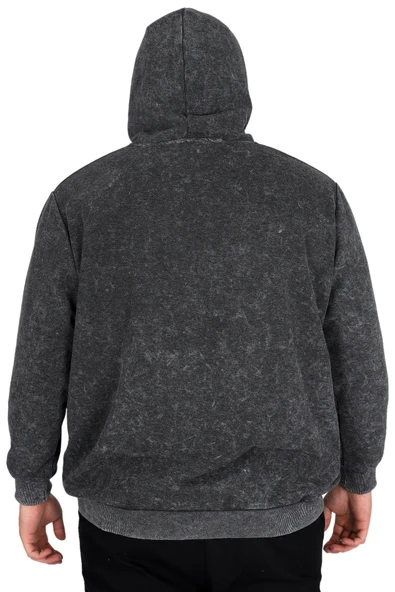 Mode XL Büyük Beden Erkek Kapüşonlu Sweatshirt Asit Yıkama Interlok U24167 Gri - 4