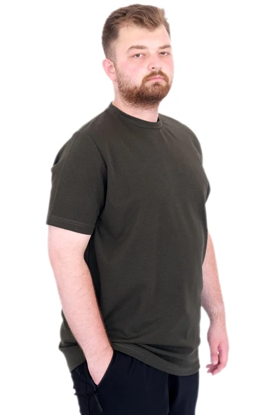 Mode XL Büyük Beden Erkek T-Shirt Bisiklet Yaka Dore U25034 Haki - Resim 3