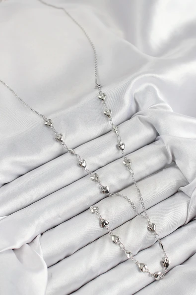 pilelistore Pirinç Zirkon Taşlı Kalp Model Gümüş Renk Y Kolye - TJ-BKO10456 - 2