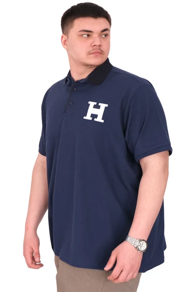 Mode XL Büyük Beden Erkek T-Shirt Polo Yaka H BROUDED U25312 İndigo - Resim 4