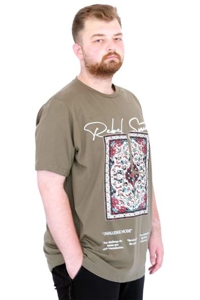 Mode XL Büyük Beden Erkek T-Shirt Bisiklet Yaka REBEL U25039 Haki - Resim 3