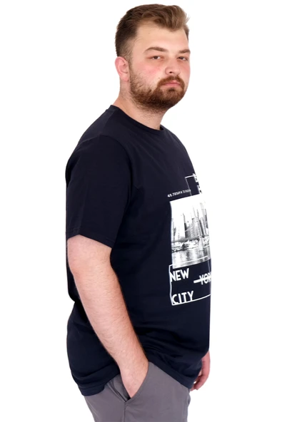 Mode XL Büyük Beden Erkek T-Shirt Bisiklet Yaka New York U25005 Lacivert - Resim 3