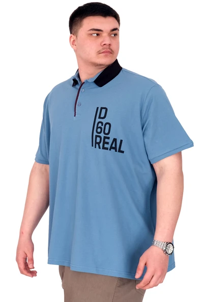 Mode XL Büyük Beden Erkek T-Shirt Polo Yaka REAL U25309 Mavi - Resim 4