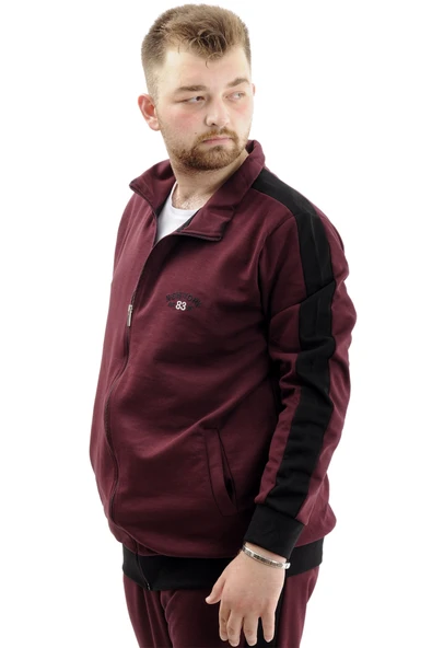 Mode XL Erkek Büyük Beden Eşofman Üstü Fermuarlı Dik Yaka İnterlok NEW YORK U24524 Mürdüm - Resim 3