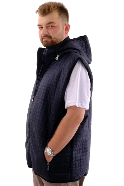 Mode XL Büyük Beden Erkek Kapüşonlu Fermuarlı Şişme Yelek U24700 Lacivert - Resim 2