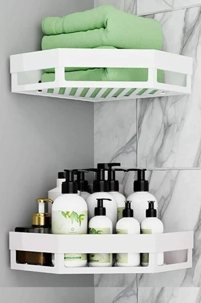 2 Adet Yapışkanlı Köşeli Raf, Vidalama Gerektirmeyen Banyo Duş Şampuan Mutfak Baharat Rafı Beyaz - 3