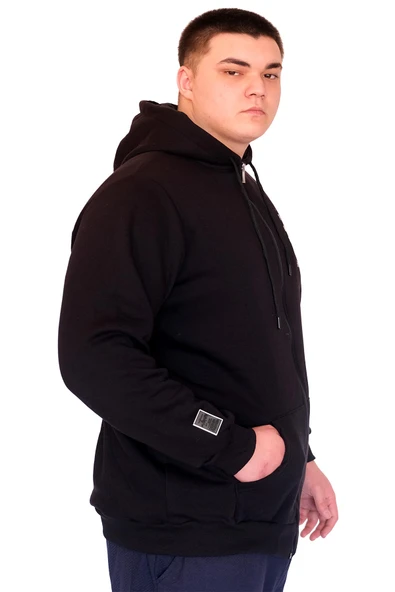 Mode XL Büyük Beden Erkek Kapüşonlu Sweatshirt Fermuarlı 3 İp BRONX U24560 Siyah - Resim 2