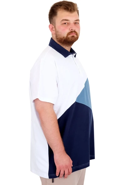 Mode XL Büyük Beden Erkek T-Shirt Polo Yaka Parçalı 25313 Beyaz - Resim 3