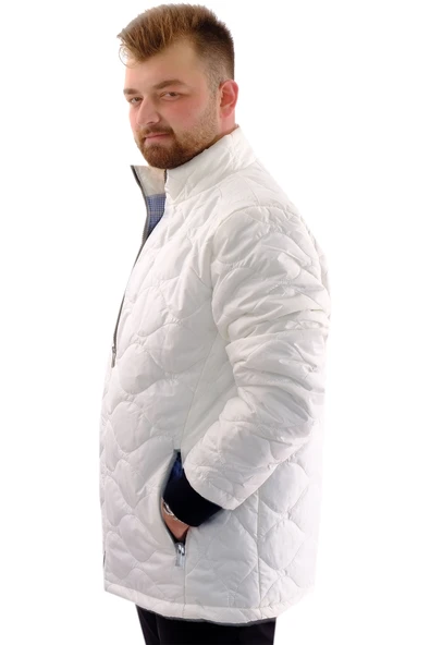 Mode XL Erkek Büyük Beden Dik Yaka Ribanalı Kol Fermuarlı Mont U24611 Beyaz - Resim 2