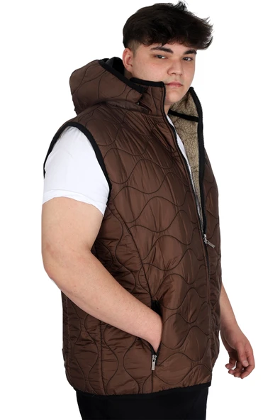 Mode XL Büyük Beden Erkek Fermuarlı Kapüşonlu Şişme Yelek U24705 Kahverengi - 2