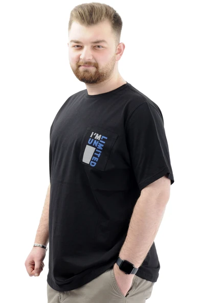 Mode XL Erkek Büyük Beden T-Shirt Pamuklu Baskılı Bisiklet Yaka Tişört LIMITED U24052 Siyah - Resim 2