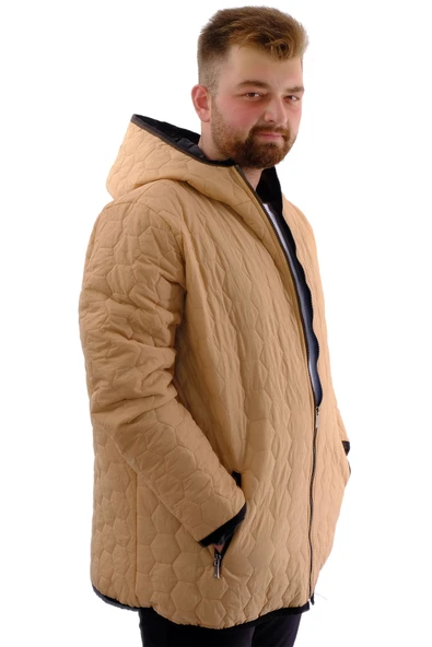 Mode XL Büyük Beden Erkek Mont Kapüşonlu U24608 Bej - 3