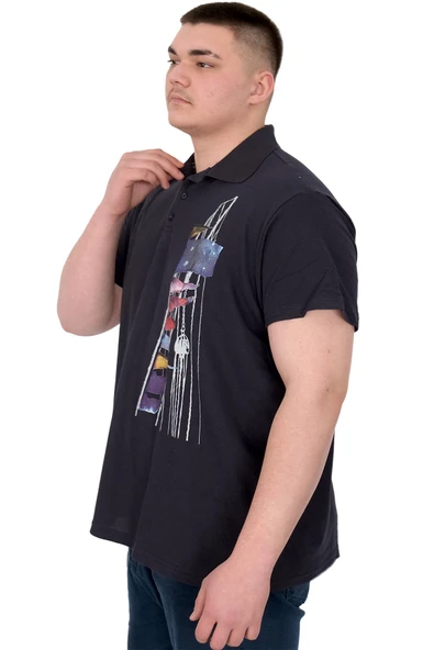 Mode XL Büyük Beden Erkek T-Shirt Polo Flag U25304 Lacivert - 4