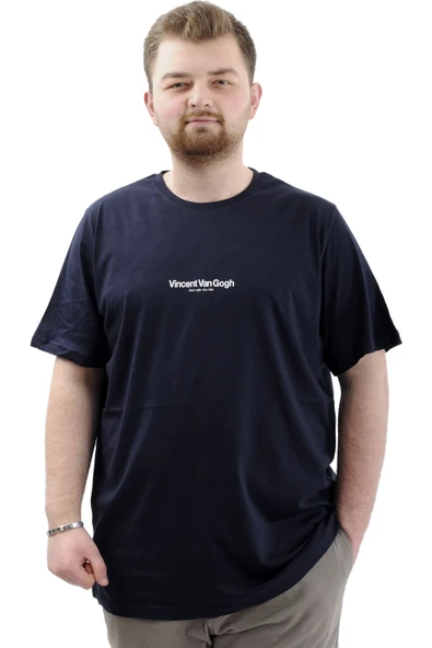 Mode XL Büyük Beden Baskılı Erkek T-Shirt Bisiklet Yaka VAN GOGH U24040 Lacivert ürün görseli
