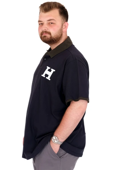 Mode XL Büyük Beden Erkek T-Shirt Polo Yaka H BROUDED U25312 Lacivert - Resim 2