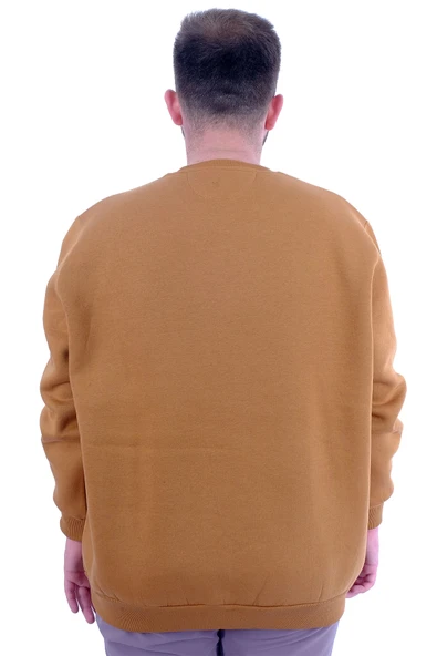Mode XL Büyük Beden Erkek Sweatshirt 3 İplik Şardonlu Baskılı BELIEVE U24527 Camel - Resim 4