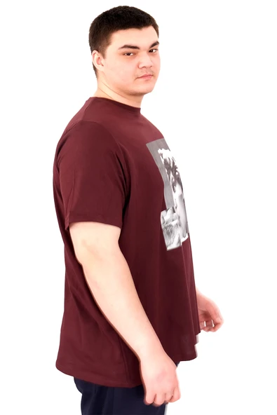 Mode XL Büyük Beden Erkek T-Shirt Bisiklet Yaka STATUE U25027 Mürdüm - Resim 3