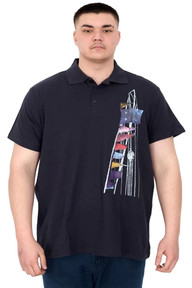 Mode XL Büyük Beden Erkek T-Shirt Polo Flag U25304 Lacivert