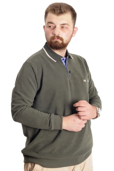 Mode XL Büyük Beden Erkek Sweat Polo Selanik Mode 23448 Haki - Resim 3