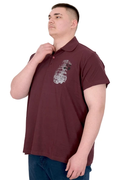 Mode XL Büyük Beden Erkek T-Shirt Polo Sail Boat U25302 Mürdüm - Resim 4