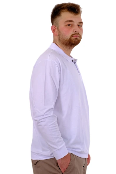Mode XL Büyük Beden Erkek Polo Yaka Sweatshirt Nakışlı U24340 Beyaz - Resim 3