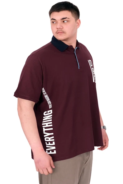 Mode XL Büyük Beden Erkek T-Shirt Polo Yaka REAL U25309 Mürdüm - Resim 2