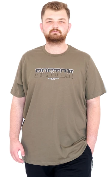 Mode XL Büyük Beden Erkek T-Shirt Bisiklet Yaka BOSTON U25037 Haki ürün görseli