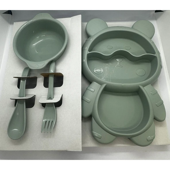 4 Parça Mama Tabağı Seti 3 Bölmeli Ayıcık Şekilli Eğlenceli Mama Tabağı ve Çatal Kaşık Kase Seti - 7
