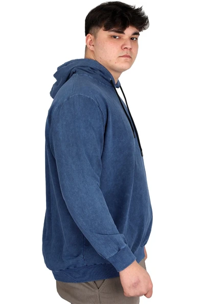 Mode XL Büyük Beden Erkek Kapüşonlu Sweatshirt Asit Yıkama Interlok U24167 İndigo - Resim 2