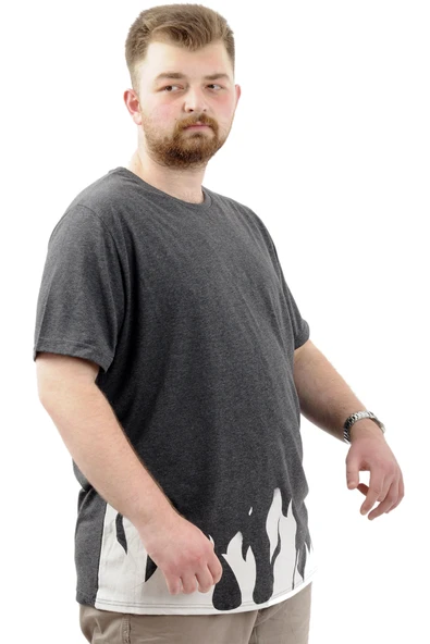 Mode XL Büyük Beden Erkek Baskılı Tişört Bisiklet Yaka Pamuklu FLAME U24082 Antramelanj - Resim 3