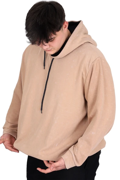 Mode XL Büyük Beden Erkek Kapüşonlu Sweatshirt Asit Yıkama Interlok U24167 Bej - Resim 3