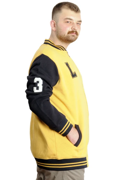 Mode XL Büyük Beden Erkek Kolej Mont Nakışlı Ceket 23632 Hardal - Resim 3