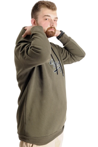 Mode XL Büyük Beden Erkek Sweatshirt Kapüşonlu 23540 Haki - Resim 3
