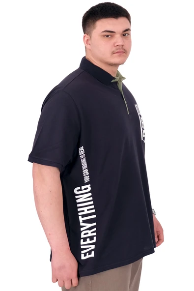 Mode XL Büyük Beden Erkek T-Shirt Polo Yaka REAL U25309 Lacivert - Resim 2