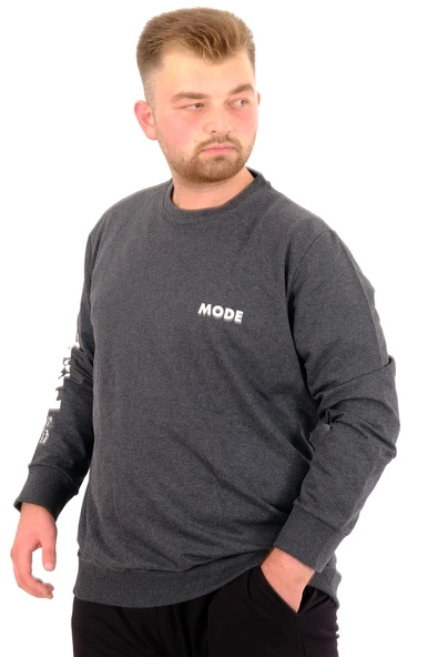 Mode XL Büyük Beden Erkek Sweat Bisiklet Yaka Eşofman Üstü PEACE U24526 Antramelanj - Resim 2